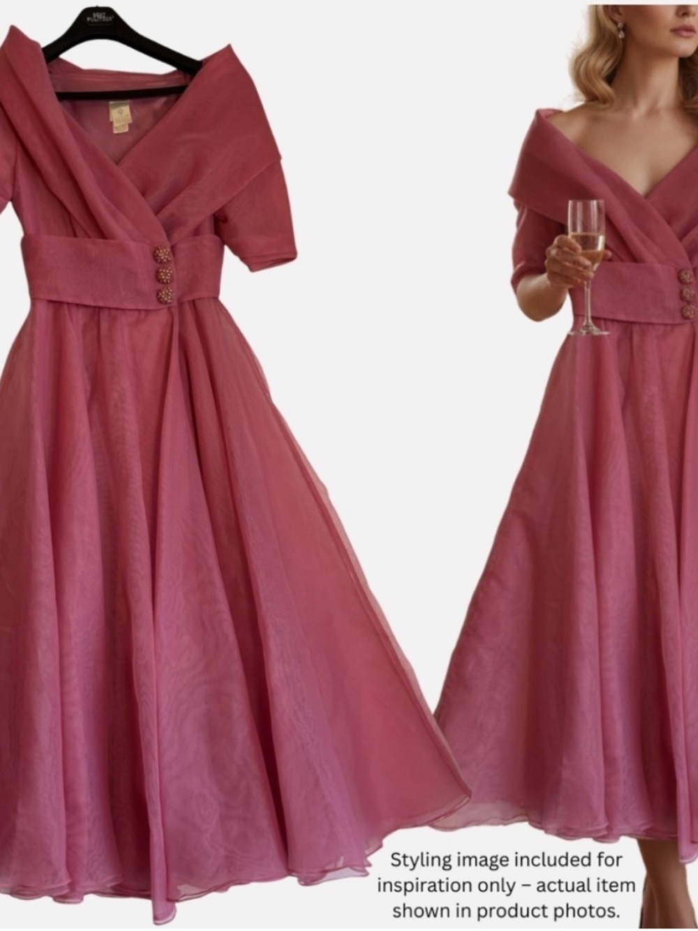 VTG 50s Pink Organza Fit & Flare Cocktail Dress Wedding Garden Party Coquette